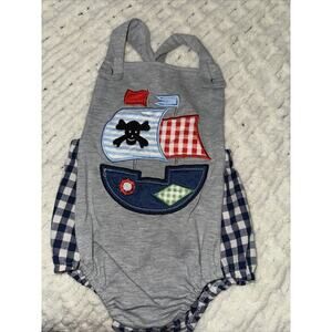 Romper with pirate ship gingham pattern blue gray 12-18 months bubble